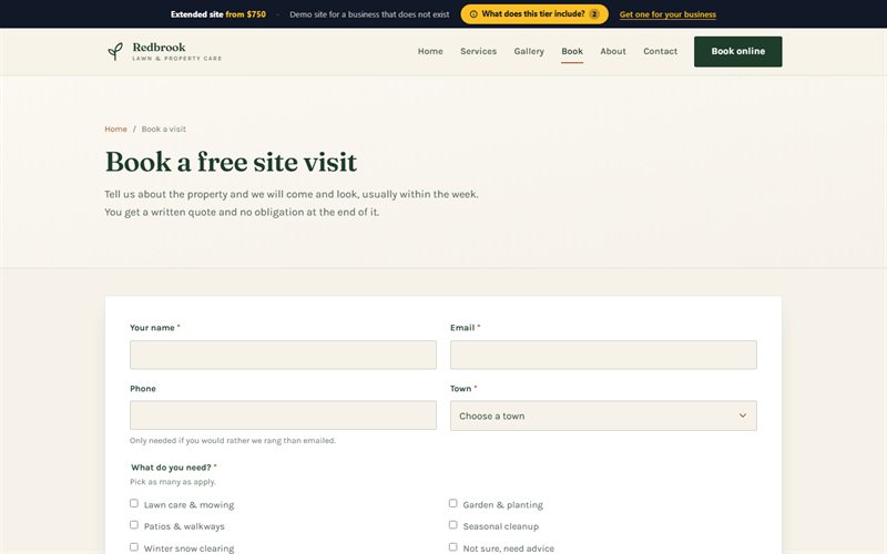 The tier 03 demo: a booking form for a free site visit.