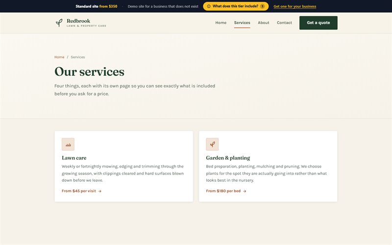 The tier 02 demo: a services index listing each service on its own page.