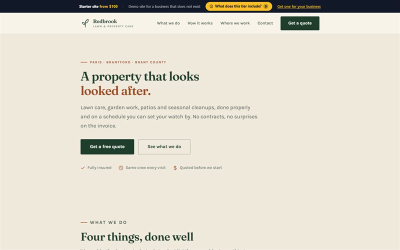 The tier 01 demo: a single-page site for a fictional lawn and property care business.